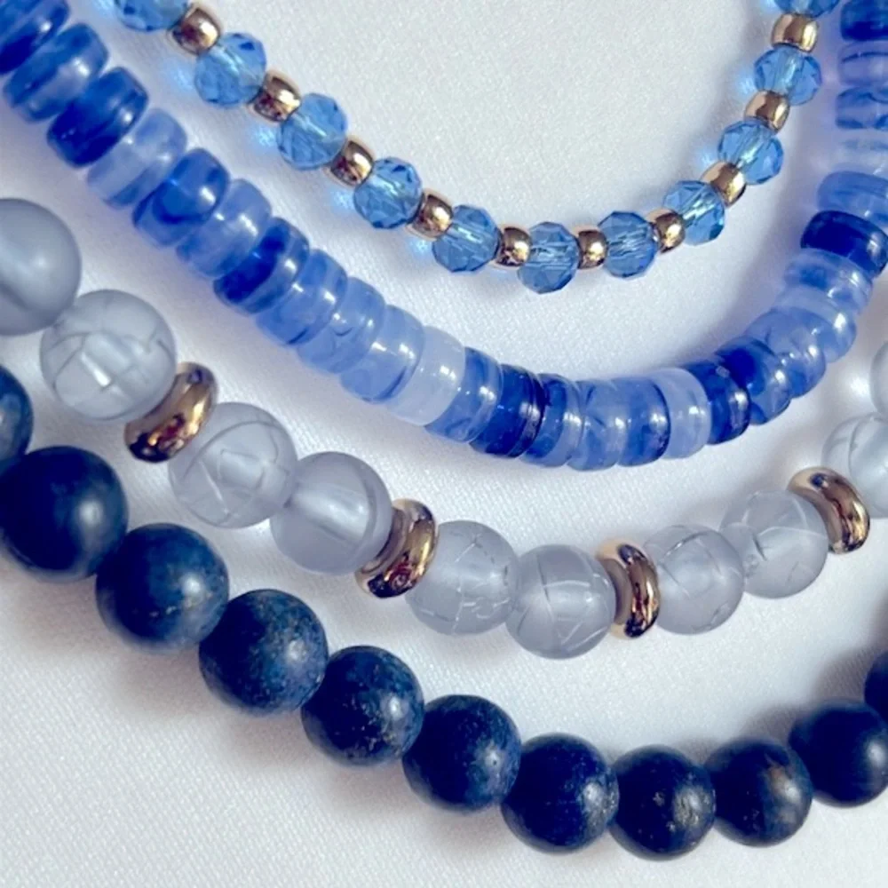Loft Women’s Statement Multi-Strand Layered Blue and Gold Beaded Necklace
